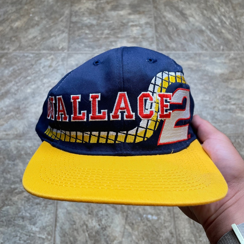 Vintage Rusty Wallace NASCAR Snapback Hat Navy Blue Yellow Competitors View 2